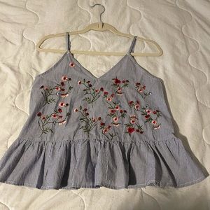 Blue and white striped peplum top with florals